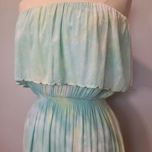 Tiare Hawaii Aqua & Green Tie Dye Strapless High-Low Ruffle Dress OS - Picture 2 of 9